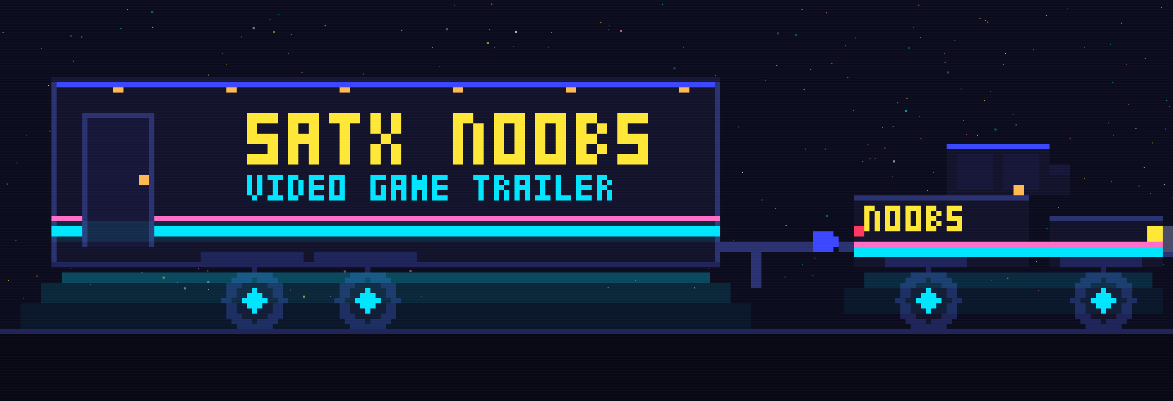The SATX Noobs trailer, towed by a pickup and lit in neon at night.